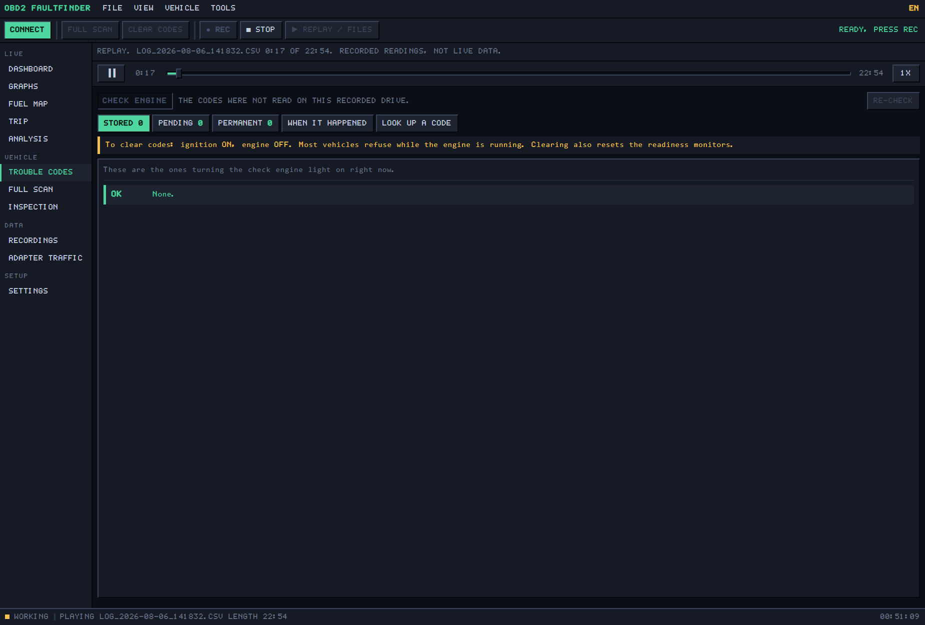 The trouble codes screen: stored, pending and permanent codes with their meanings